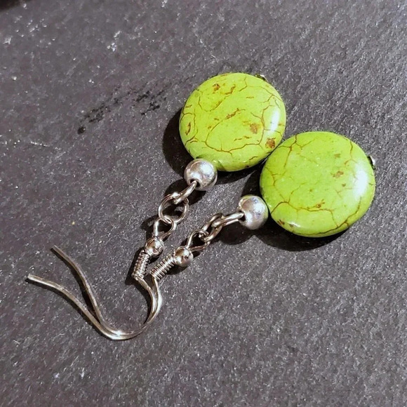 Handcrafted Silver and Green Magnesite Gemstone Puffed Coin Dangle Earrings - Picture 6 of 7